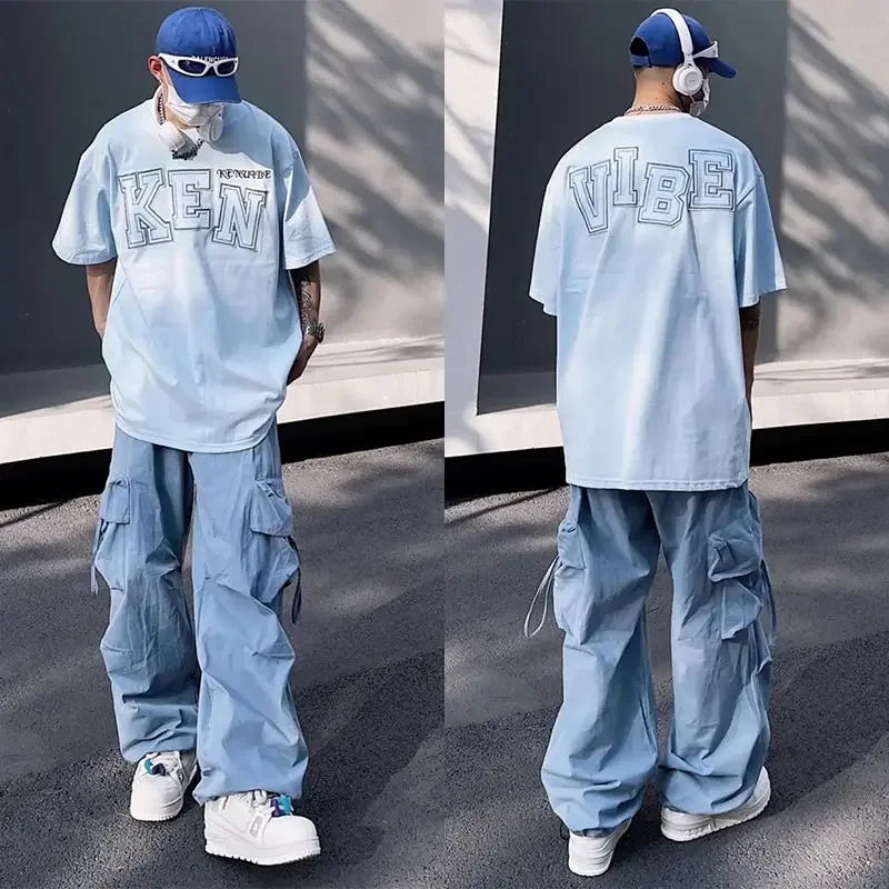 HOUZHOU Y2K Cargohose für Herren Hip Hop Harajuku Fallschirm-Cargohose Männlich Blau Japanisch Locker Lässig Streetwear Hip Hop