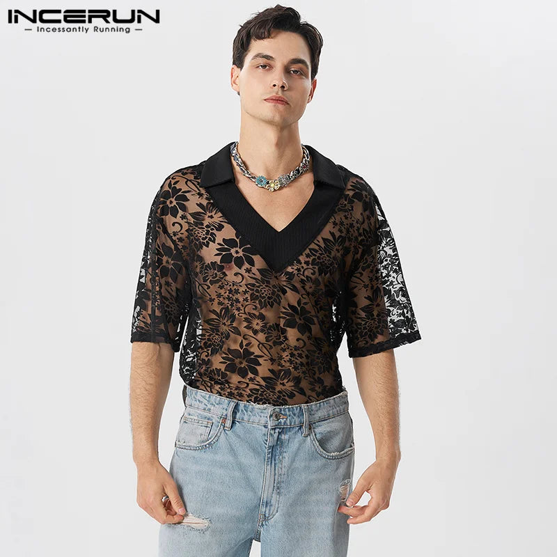 Handsome Well Fitting Tops INCERUN New Mens Sexy Fashion Thin Lace Mesh Shirts Casual See-through V-neck Lapel Blouse S-5XL 2024