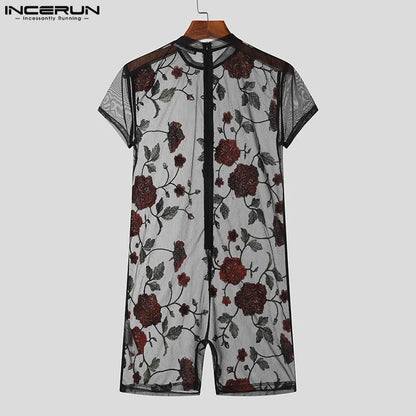 INCERUN 2024 American Style Sexy New Men Homewear Jumpsuits Perspective Thin O-Neck Flower Printing Short Sleeve Bodysuits S-3XL