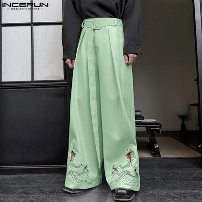 INCERUN 2024 Korean Style Pantalons New Men's Personality Printed Pants Casual Clubwear Male Pleated Straight Leg Trousers S-5XL