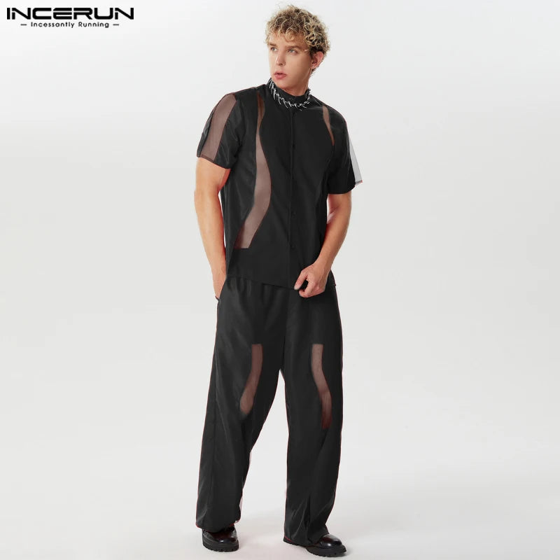 INCERUN 2024 Amerikanischen Stil Casual Sets Männer Kurzarm Hemden Hosen Mode Männlichen Unregelmäßigen Spleißen Mesh Zwei-stück Sets S-5XL