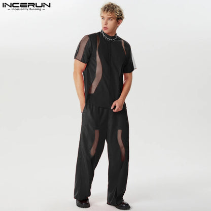 INCERUN 2024 Ensembles décontractés de style américain pour hommes Chemises à manches courtes Pantalons Mode Homme Irrégulier Épissage Maille Deux Pièces Ensembles S-5XL