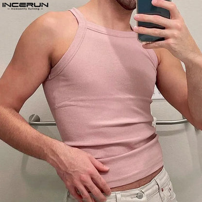 INCERUN Tops 2024 American Style New Men's Knitted Solid Color Vests Casual Streetwear Male All-match Sleeveless Tank Tops S-5XL