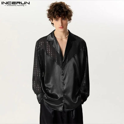 INCERUN Tops 2024 Style Américain Mode Hommes Paillettes Paillettes Col V Patchwork Chemises Décontractées Fête Spectacles Chemisier À Manches Longues S-5XL