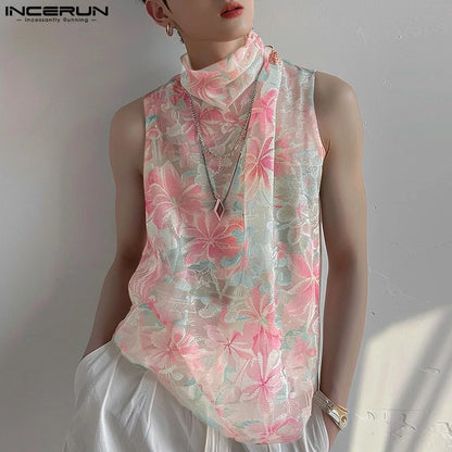 INCERUN Tops 2024 Fashion Mens Printed Chiffon Perspective Vests Summer Streetwear Hot Sale High Neck Sleeveless Tank Tops S-5XL