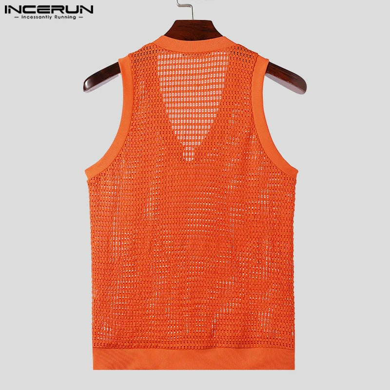 2024 Men's Tank Tops Hollow Out V Neck Sleeveless Transparent Summer Male Vests Streetwear Fashion Casual Men Clothing INCERUN