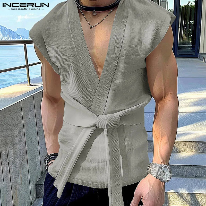 INCERUN 2024 Korean Style New Mens Stylish Texture V-neck Belt Design Vests Summer Leisure Streetwear Sleeveless Tank Tops S-5XL