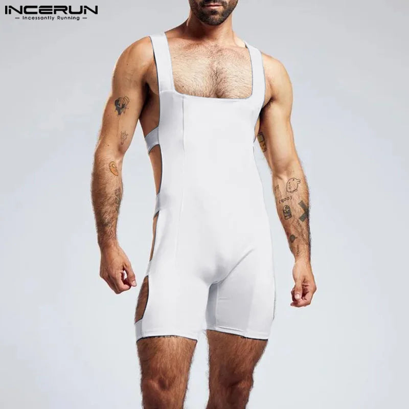 INCERUN 2024 Sexy Men Loungewear Stylish Side Hollowed Tight Elastic Jumpsuit Casual Solid Sleeveless Flat Angle Bodysuits S-5XL