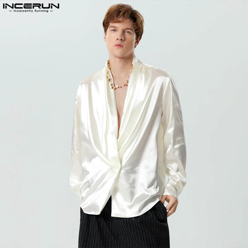 INCERUN Tops 2024 American Style Fashion Men Swing Collar Satin Blazer Casual Solid All-match Male Long Sleeved Suit Coats S-5XL