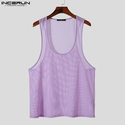 INCERUN Tops 2024 Korean Style Men's Perspective U-shaped Checkered Mesh Tank Tops Summer Casual Hot Sale Sleeveless Vests S-5XL