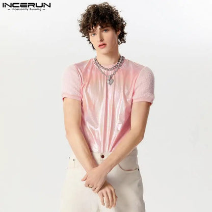 INCERUN Tops 2024 American Style Fashion Men's Flash Fabric T-shirts Casual Knitted Splicing Plush Short Sleeved Camiseta S-5XL