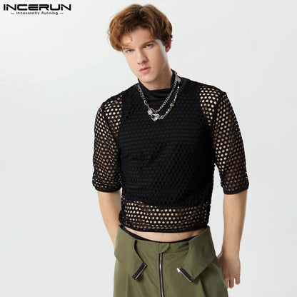 Fashion Casual Style Tops INCERUN Men's Hollow Mesh Patchwork T-shirts Sexy Cropped Half High Neck Short Sleeved Camiseta S-3XL