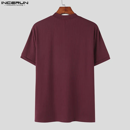 INCERUN Tops 2024 Korean Style New Men's Solid Pit Stripe Knitte T-shirts Fashion Male Solid Elastic Short Sleeve Camiseta S-5XL