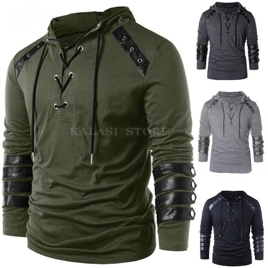 T-shirt médiéval pour homme adulte, sweat-shirt gothique steampunk à lacets, manches longues, pull à capuche, chemises d'Halloween