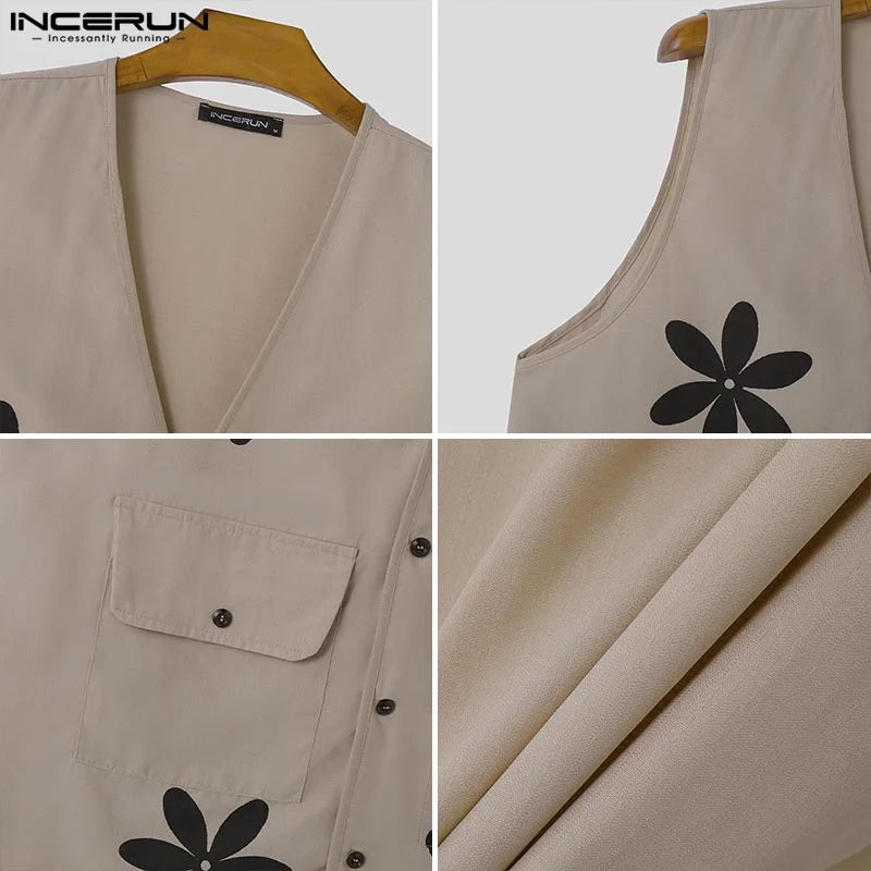 Mode Lässig Stil Tops INCERUN Herren Daisy Blume Jacke Mäntel Streetwear Männlichen Sommer Heißer Verkauf Ärmellose Strickjacke Westen S-5XL