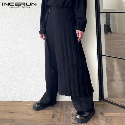 INCERUN 2024 Korean Style Men's Pantalons Detachable Half Pleated Skirts Pants Leisure Solid All-match Wide Leg Long Pants S-5XL