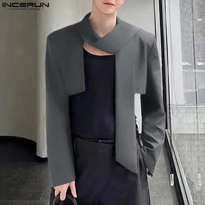 Handsome Well Fitting Tops INCERUN Men Ribbon Cropped Design Suit Coat Male Streetwear Solid All-match Long Sleeved Blazer S-5XL