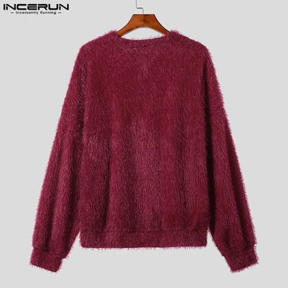 INCERUN Tops 2024 Style coréen Beau Hommes Lâche Faux Peluche Tissu Pull Décontracté Streetwear Solide À Manches Longues Pull S-5XL