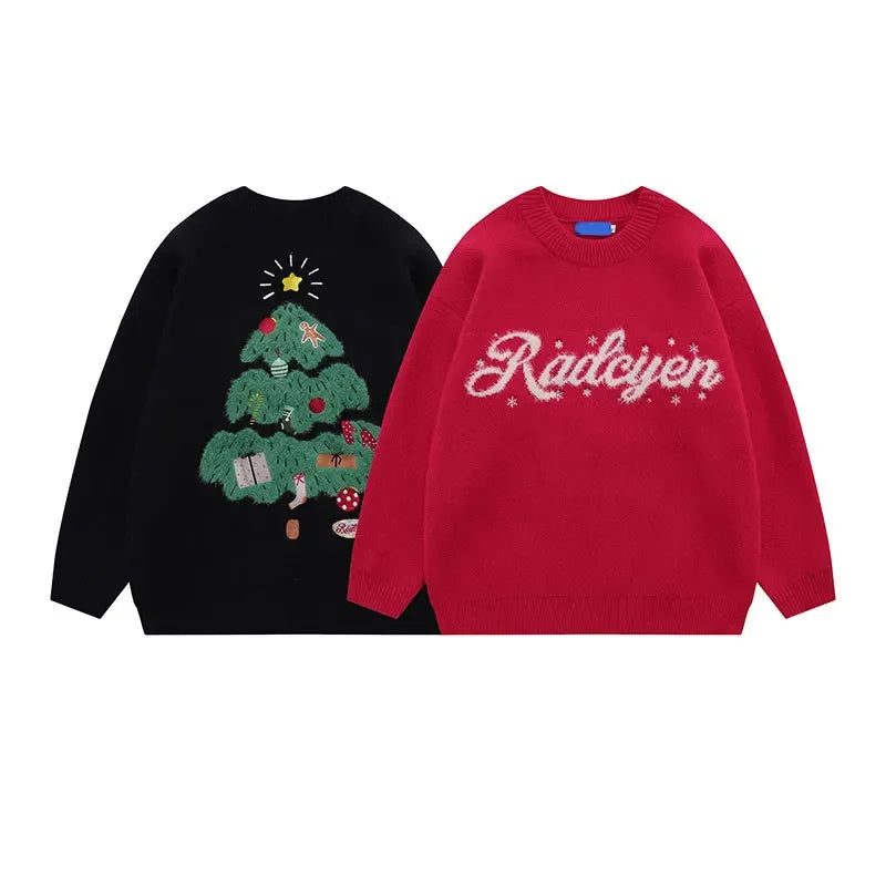 HOUZHOU Men's Knitted Christmas Sweater Vintage Black Red Pullovers Sweaters and Jumpers Male Couple Winter Streetwear Harajuku