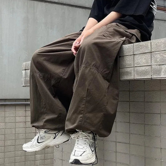 HOUZHOU Vintage Baggy Cargo Pants Men Cotton Wide Leg Trousers Male Oversize Retro Loose Casual Japanese Streetwear Hip Hop