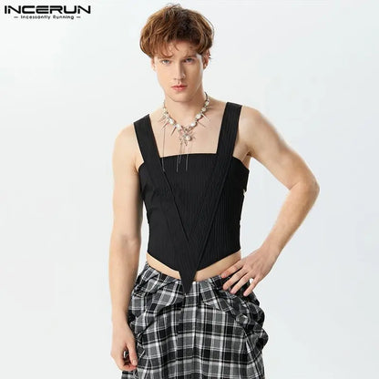 Fashion Casual Style Tops INCERUN New Men's Patchwork Hollow Vests Male Sexy Cropped Personality Sleeveless Tank Tops S-5XL 2024