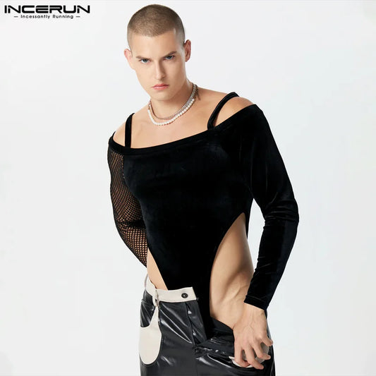 INCERUN 2024 Sexy Stil Neue Männer Homewear Fashion Solid Alle-spiel Bodys Hübscher Männlicher Graben Mesh Lange Seeved Overall S-5XL