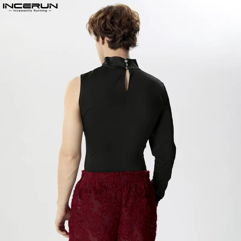 INCERUN Tops 2024 Men's Twisted Shoulder Cut Design T-shirts Casual Party Shows Solid Half High Neck Long Sleeved Camiseta S-5XL