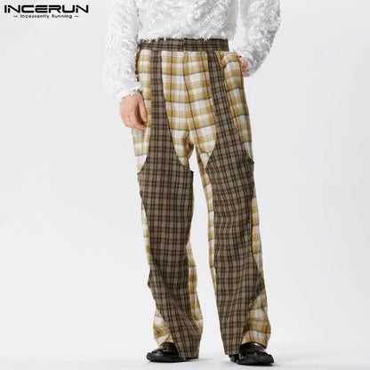 INCERUN 2024 American Style Trousers New Men Plaid Patchwork Long Pants Fashion Elegant Male Hot Sale Streetwear Pantalons S-5XL