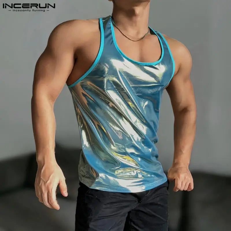 INCERUN Tops 2024 Style coréen Hommes Tissu brillant Mince Bandoulière Conception Gilets Décontracté Fête Spectacles Sans Manches Débardeurs S-5XL