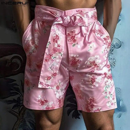 INCERUN 2024 Style américain à la mode hommes à lacets rose imprimé motif Shorts décontracté fête spectacles hommes vente chaude Shorts S-5XL