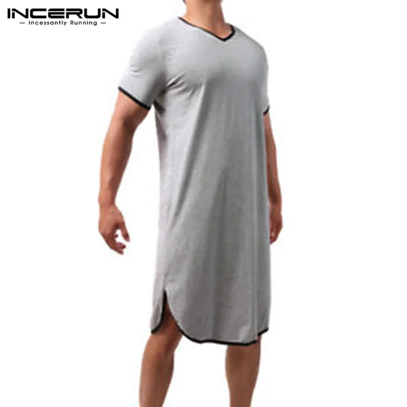 INCERUN Männer Patchwork Schlaf Roben Hombre Kurzarm V-Ausschnitt Sommer Homewear Lose Bequeme Bademäntel Casual Solide Nachthemd S-5XL