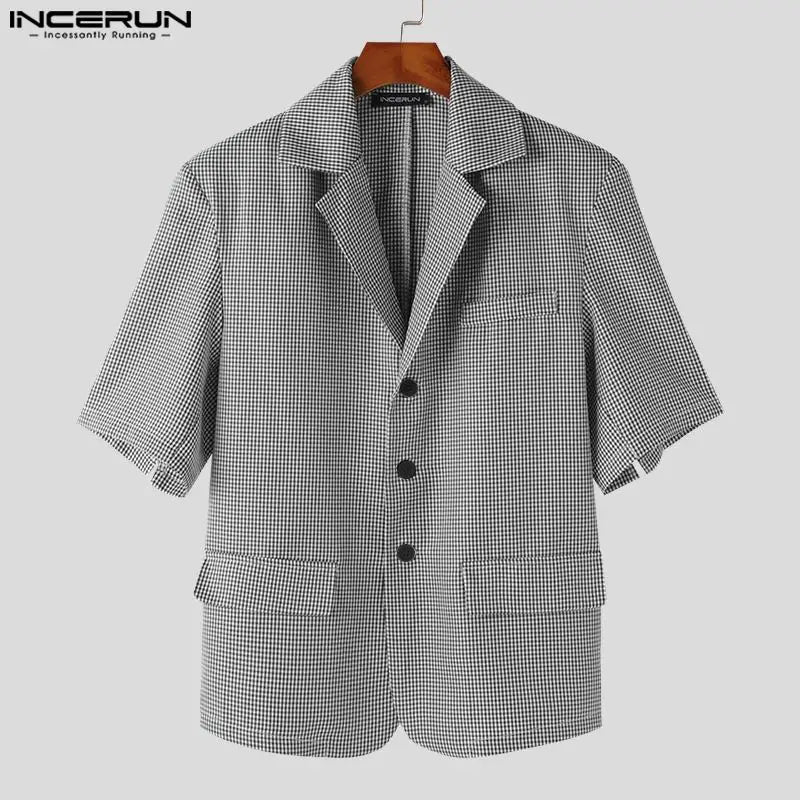 INCERUN Tops 2024 Koreanische Stil Neue Herrenmode Plaid Design Anzug Mäntel Casual Streetwear Männlichen Revers Kurzarm Blazer S-5XL