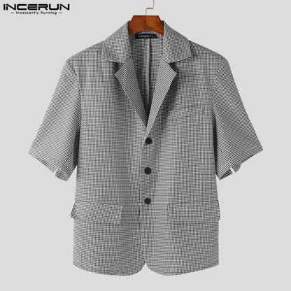 INCERUN Tops 2024 Korean Style New Men's Fashion Plaid Design Suit Coats Casual Streetwear Male Lapel Short Sleeved Blazer S-5XL