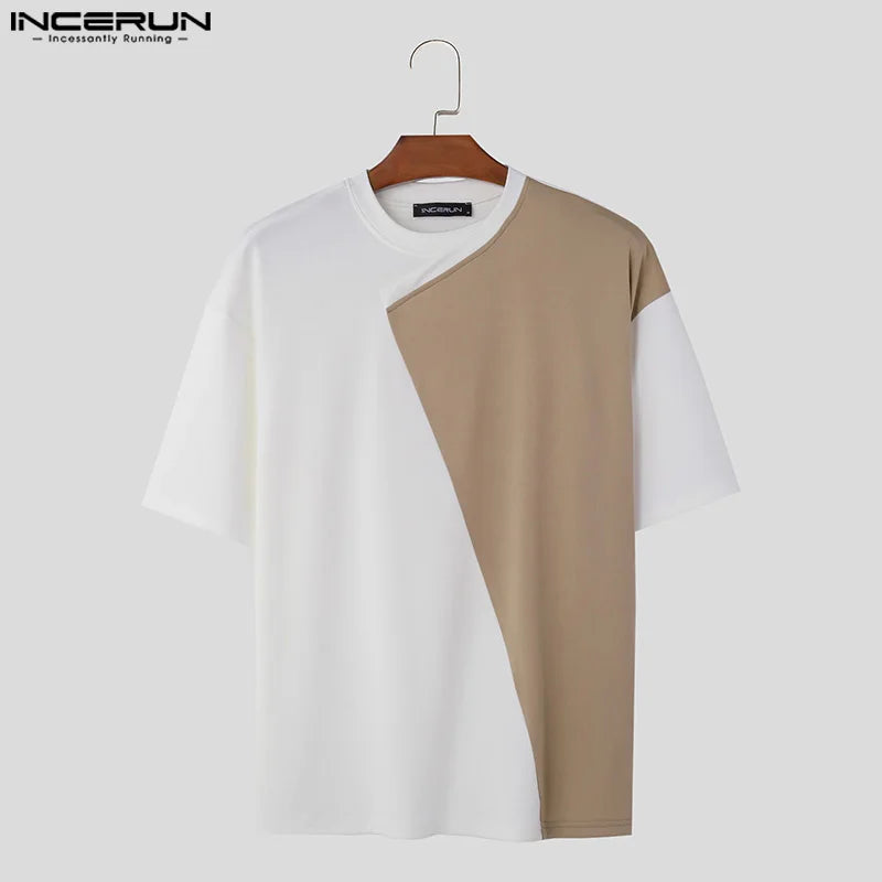 INCERUN Tops 2024 Style coréen Beau T-shirts en patchwork irrégulier à col rond pour hommes T-shirts décontractés à manches courtes Camiseta S-5XL