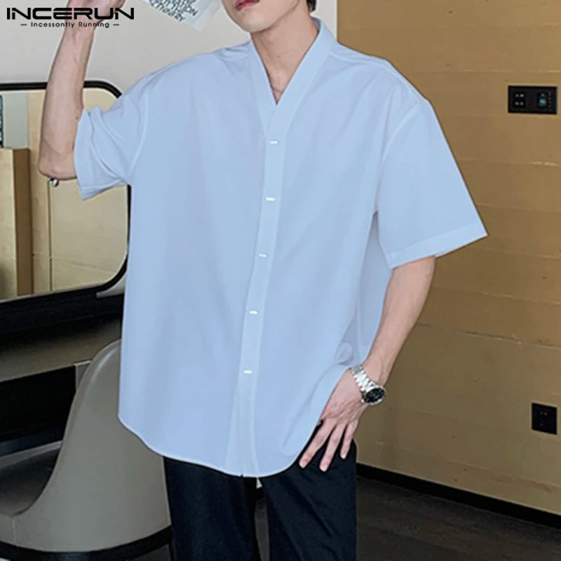 Fashion Well Fitting Tops INCERUN Men's Well Fitting V-neck Design Shirt Casual Streetwear Solid Short Sleeved Blouse S-5XL 2024