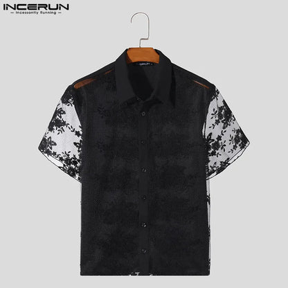 Sexy Fashion Style Tops INCERUN Men's Lace Floral See-through Shirts Casual Streetwear Male Thin Short Sleeved Blouse S-5XL 2024