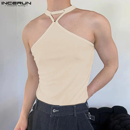 Summer Stylish Tops INCERUN Sexy Mens Elastic Tight Hanging Neck Tank Tops Male Casual Solid Knitted Sleeveless Vests S-5XL 2024