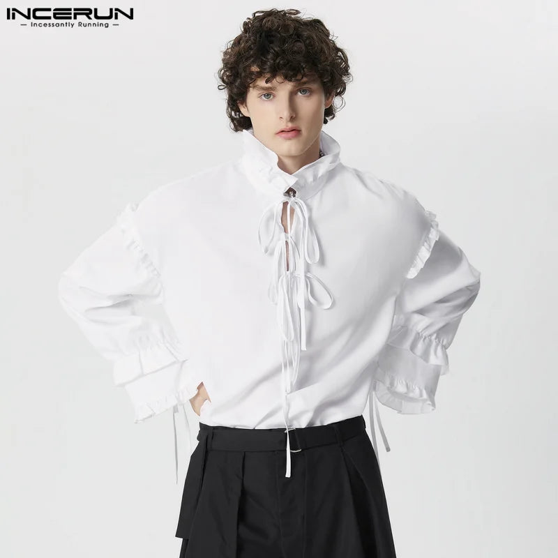 Stylish Well Fitting Tops INCERUN Men Solid Double-layer Cuffs Lace Up Shirt Handsome Male V-neck Long Sleeved Blouse S-5XL 2024