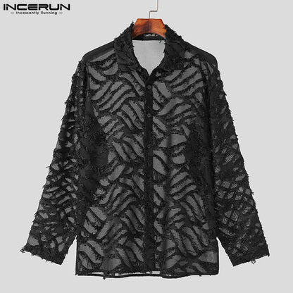 INCERUN Tops 2024 Korean Style Men's Hollow Plush Tassels Perspective Design Shirts Casual Streetwear Long Sleeved Blouse S-5XL