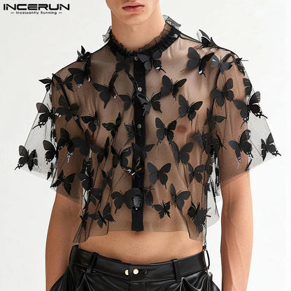 Men Shirt Patchwork Stand Collar Short Sleeve Mesh Transparent Fashion Men Clothing Streetwear Summer Casual Crop Tops INCERUN