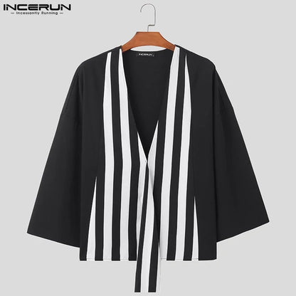 INCERUN Tops 2024 Korean Style New Men's Loose Striped Contrast Shirts Male Casual Streetwear Long Sleeved Cardigan Blouse S-5XL