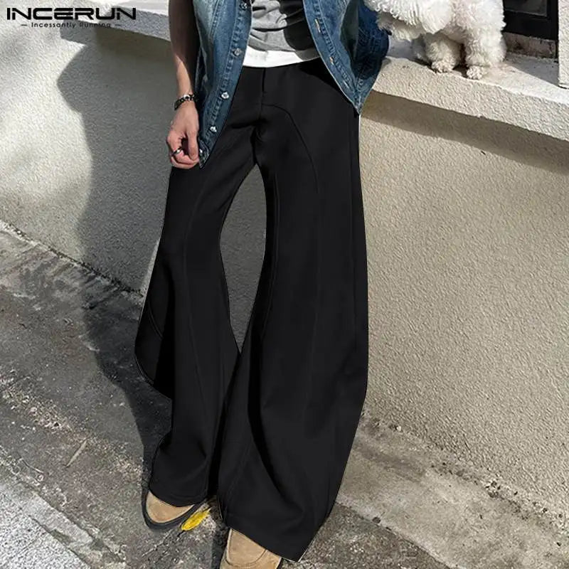 INCERUN 2024 Korean Style Trousers Men Loose Split Line Design Wide Leg Pantalons Fashion Clubwear Male Solid Flared Pants S-5XL