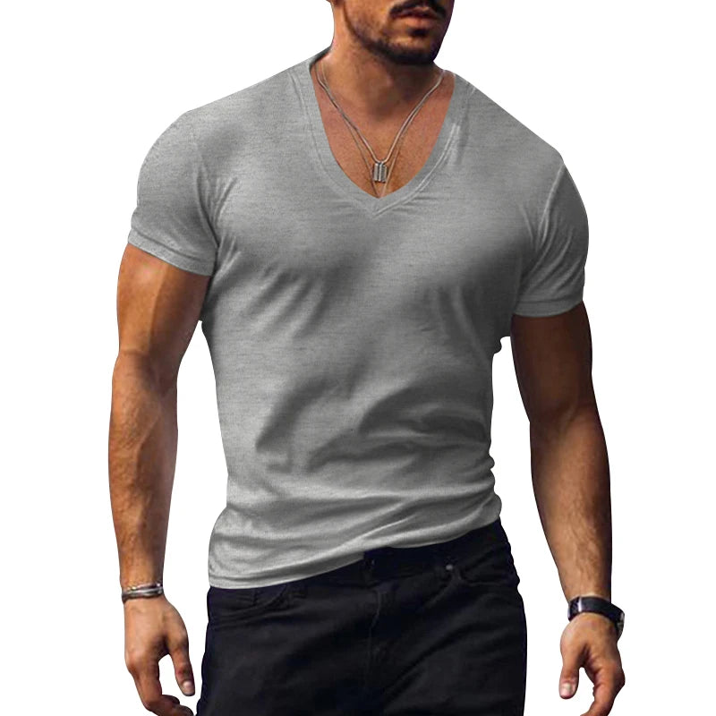 2023 men's T-shirt cross-border clothing European and American foreign trade men's V-neck solid color casual short sleeved T-shi