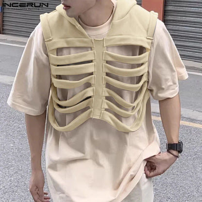 INCERUN Tops 2024 Korean Style New Men's Funny Bone Deconstruction Design Vests Casual Personality Solid Hooded Waistcoat S-5XL