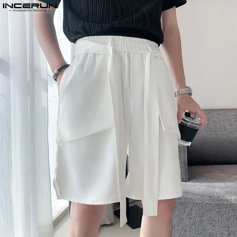 INCERUN 2024 Korean Style Shorts New Men's Ribbon Design Straight Leg Shorts Casual Streetwear Male Wide Leg Cargo Shorts S-5XL