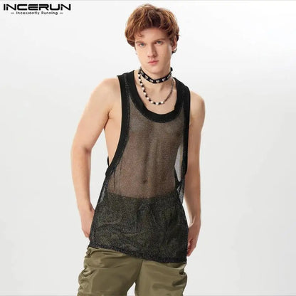 Sexy Stylish Tops INCERUN 2024 Men's Glitter Fabric See-through Mesh Hollow Vests Leisure Clubwear Hot Sale Thin Tank Tops S-5XL