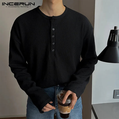 INCERUN Tops 2024 Korean Style Handsome Men Solid Half Open T-shirts Casual Well Fitting Male O-neck Long Sleeved Camiseta S-5XL