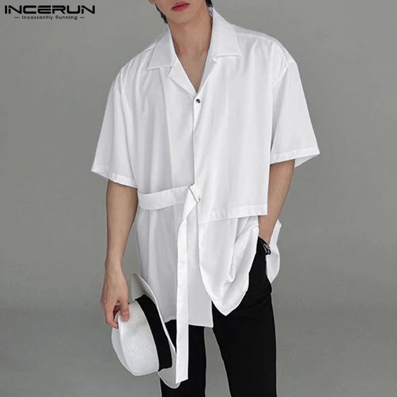 Handsome Well Fitting Tops INCERUN Men's Ribbon Design Lapel Shirts Casual Streetwear Male Solid Short Sleeved Blouse S-5XL 2024