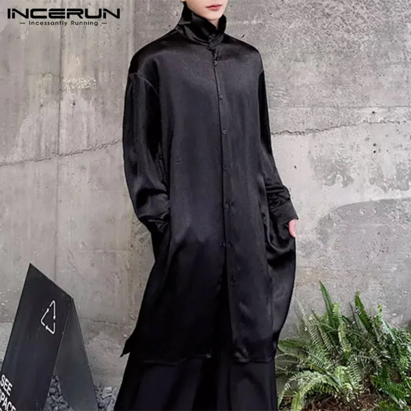 INCERUN Tops 2024 Korean Style New Men Satin Texture High Neck Shirts Casual Well Fitting Solid Medium Long Sleeved Blouse S-5XL