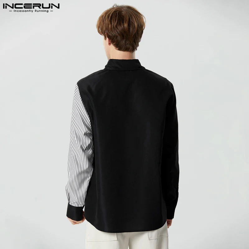 INCERUN Tops 2023 Style américain Beau Hommes Rayé Patchwork Chemises Décontractées Streetwear Vente Chaude Chemisier À Manches Longues S-5XL